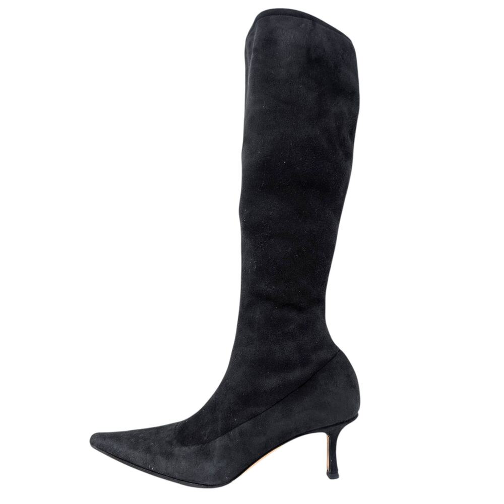 Jimmy Choo Vail Black Suede Knee High Boots Pointed Toe Heel 37.5